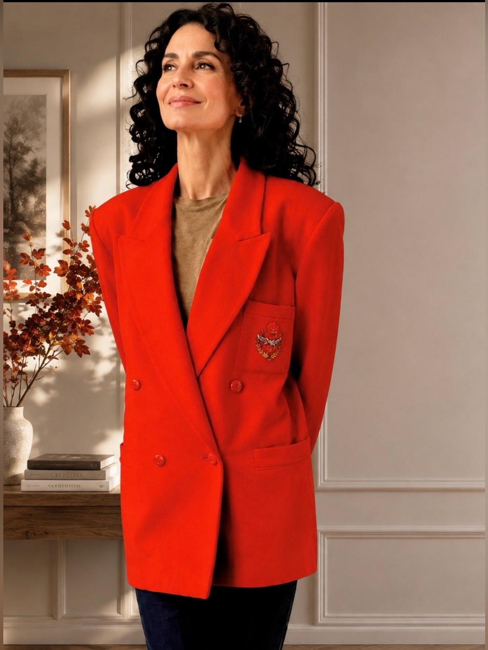🇨🇦 Wool Cashmere Flame-Orange Blazer | Silver & Gold Crest